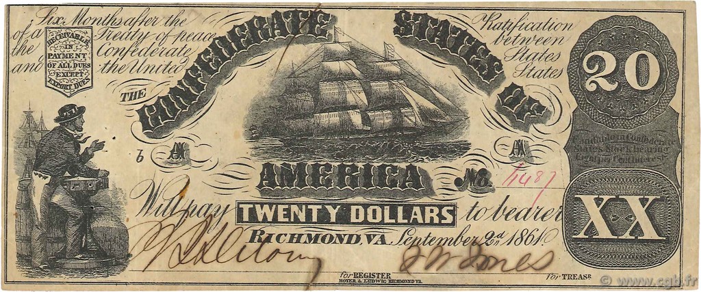 20 Dollars ÉTATS CONFÉDÉRÉS D AMÉRIQUE  1861 P.31a TTB