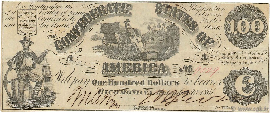 100 Dollars ÉTATS CONFÉDÉRÉS D AMÉRIQUE  1861 P.38 TTB