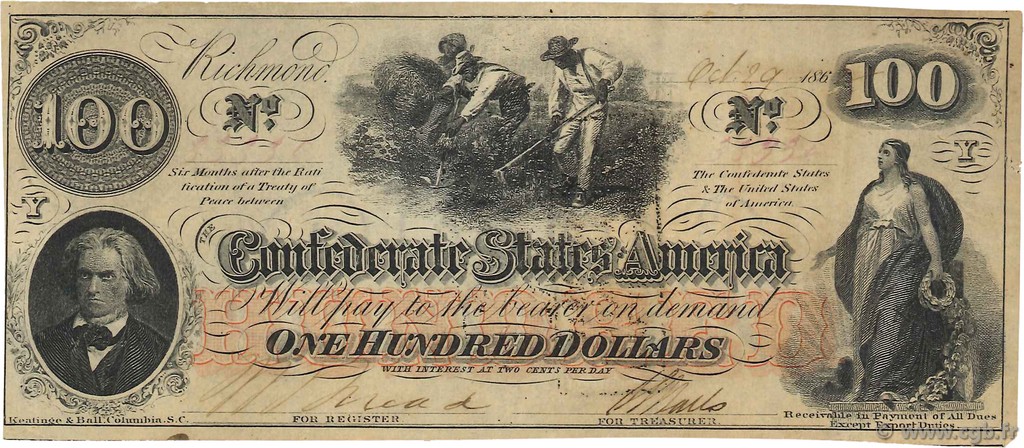 100 Dollars ÉTATS CONFÉDÉRÉS D AMÉRIQUE  1862 P.45 TTB+