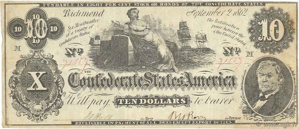 10 Dollars ÉTATS CONFÉDÉRÉS D AMÉRIQUE  1862 P.46a TTB