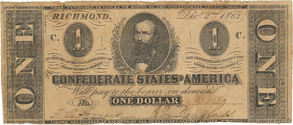 1 Dollar ÉTATS CONFÉDÉRÉS D AMÉRIQUE  1862 P.49a B+