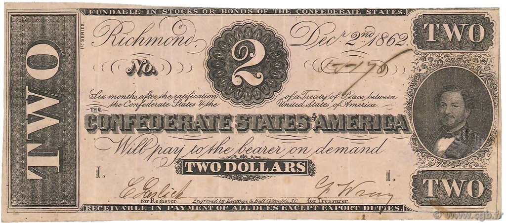 2 Dollars ÉTATS CONFÉDÉRÉS D AMÉRIQUE  1862 P.50a TTB+