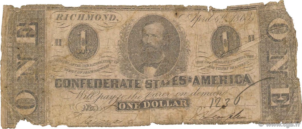 1 Dollar ÉTATS CONFÉDÉRÉS D AMÉRIQUE  1863 P.57a AB