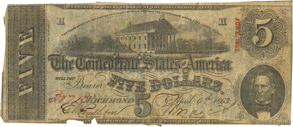 5 Dollars Annulé ÉTATS CONFÉDÉRÉS D AMÉRIQUE  1863 P.59a TB