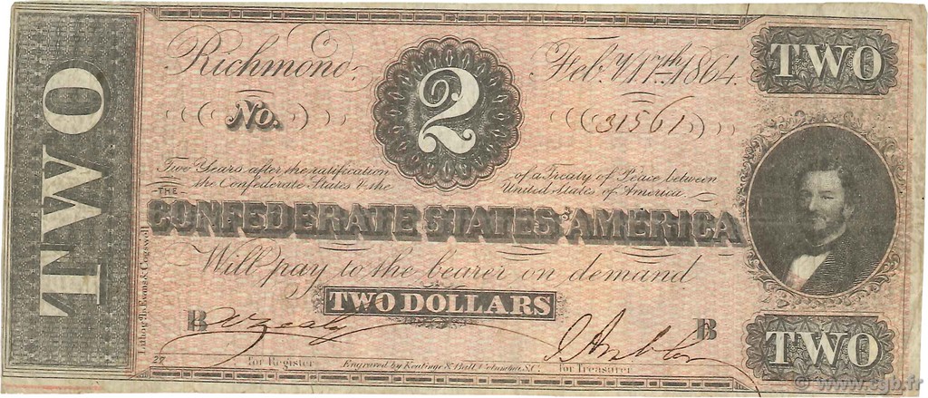 2 Dollars ÉTATS CONFÉDÉRÉS D AMÉRIQUE  1864 P.66a TB+