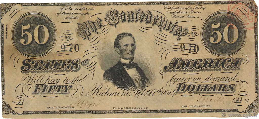 50 Dollars ÉTATS CONFÉDÉRÉS D AMÉRIQUE  1864 P.70 TTB