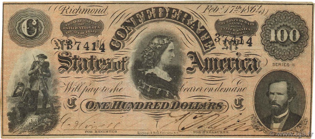 100 Dollars ÉTATS CONFÉDÉRÉS D AMÉRIQUE  1864 P.71 TTB