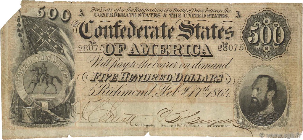 500 Dollars ÉTATS CONFÉDÉRÉS D AMÉRIQUE  1864 P.73 pr.TB
