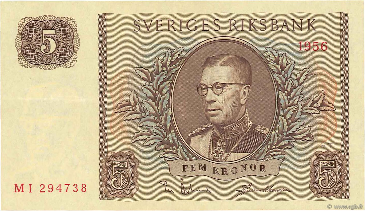 5 Kronor SUÈDE  1956 P.42c SUP+