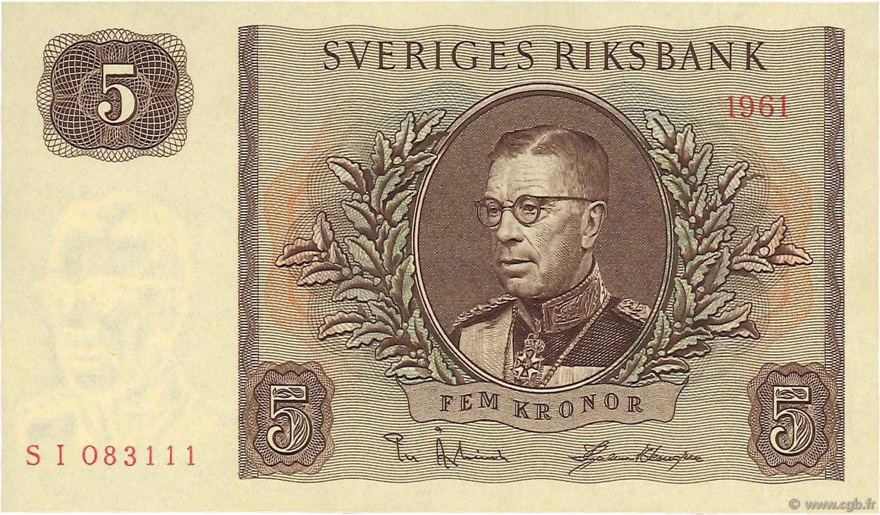 5 Kronor SWEDEN  1961 P.42f UNC
