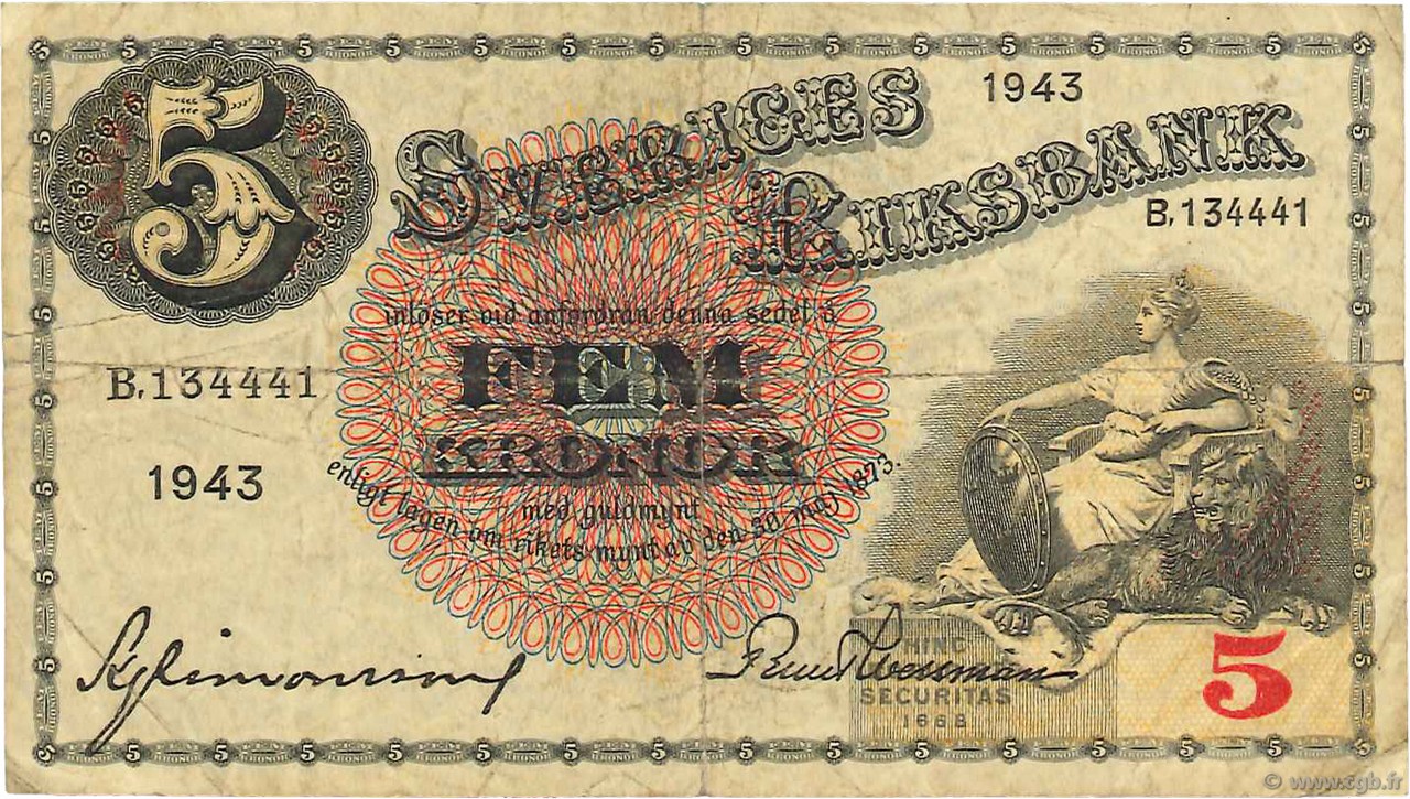 5 Kronor SUÈDE  1943 P.33z TB