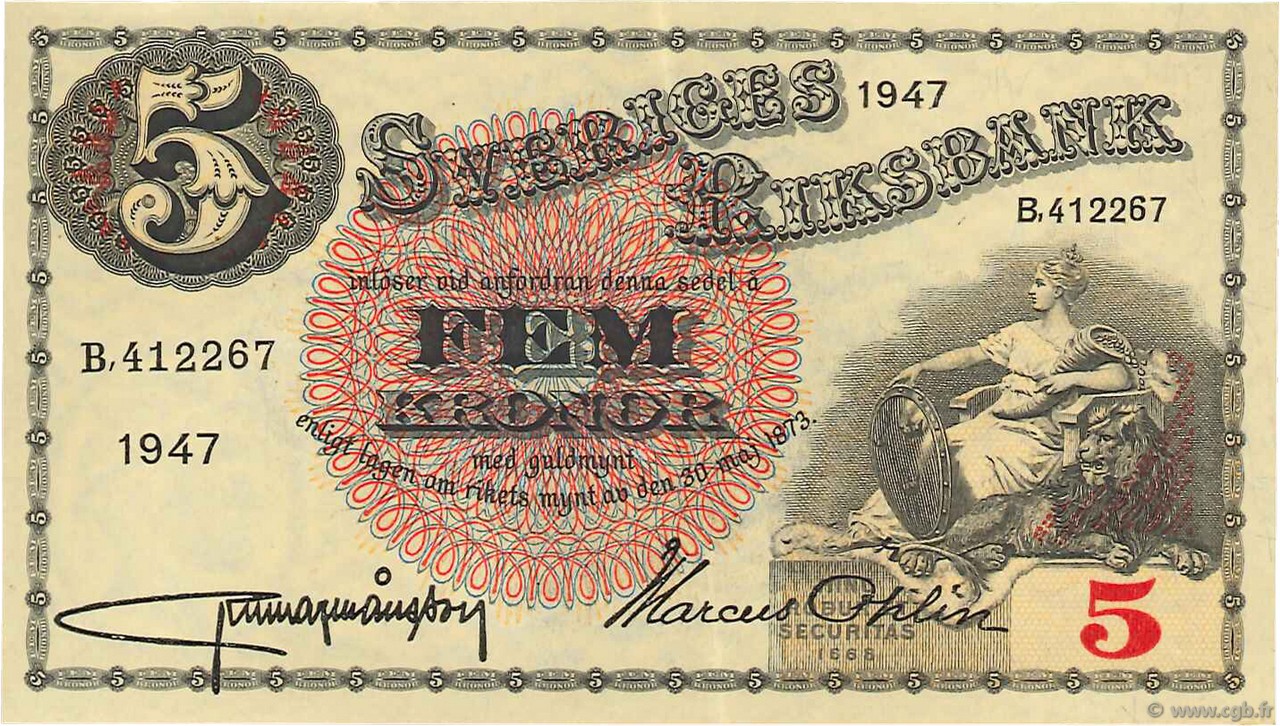 5 Kronor SUÈDE  1947 P.33ad SUP+