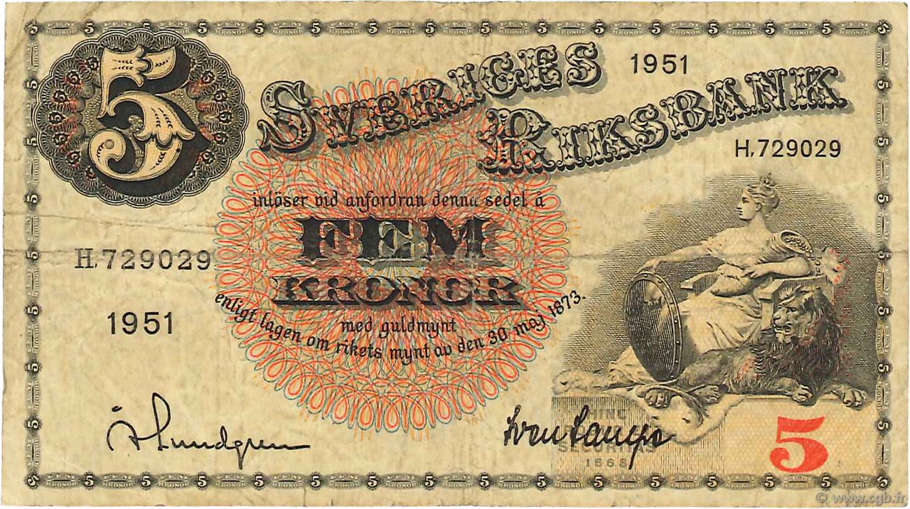 5 Kronor SUÈDE  1951 P.33ah TB