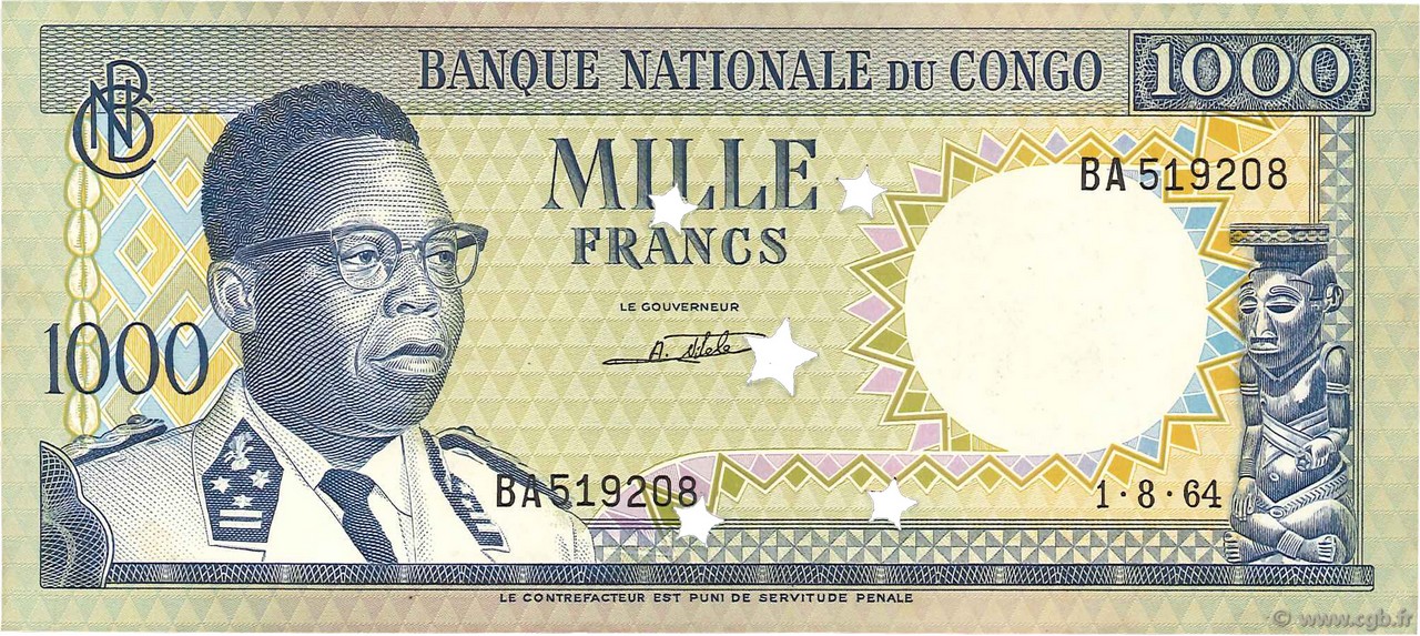 1000 Francs Annulé CONGO, DEMOCRATIQUE REPUBLIC  1964 P.008a AU