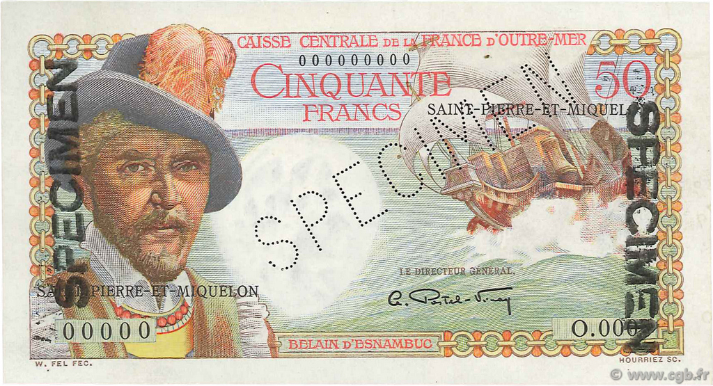 50 Francs Belain d Esnambuc Spécimen SAINT PIERRE ET MIQUELON  1946 P.25s SPL