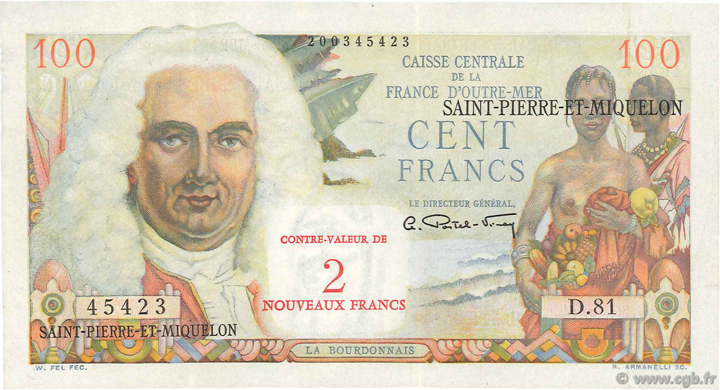 2 NF sur 100 Francs La Bourdonnais SAINT PIERRE ET MIQUELON  1960 P.32 TTB+
