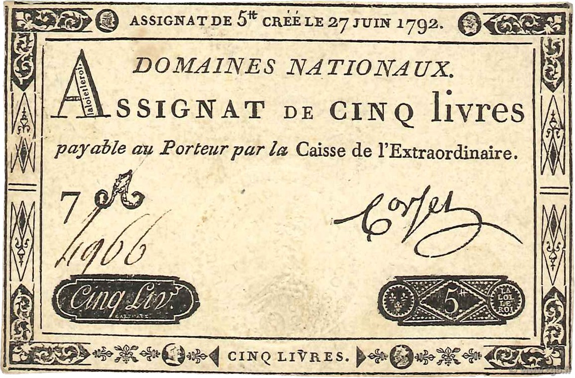 5 Livres FRANCE  1792 Ass.30a TTB