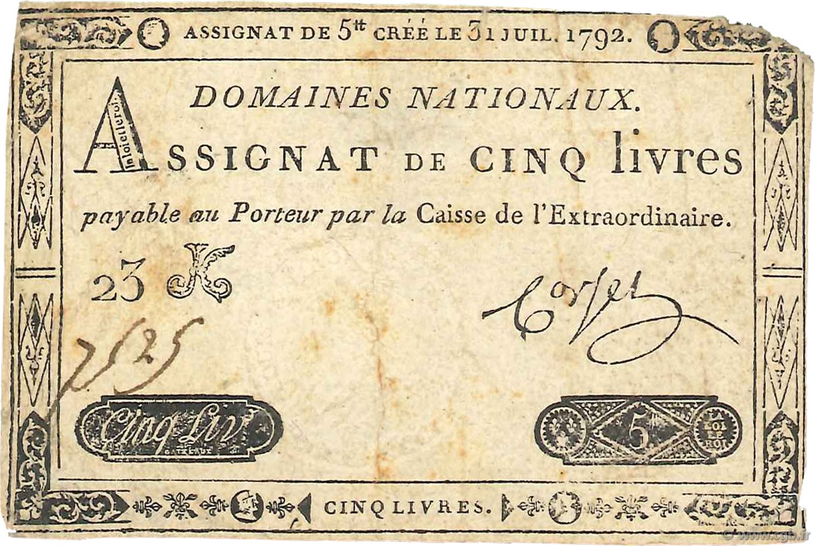 5 Livres FRANCE  1792 Ass.31a TB