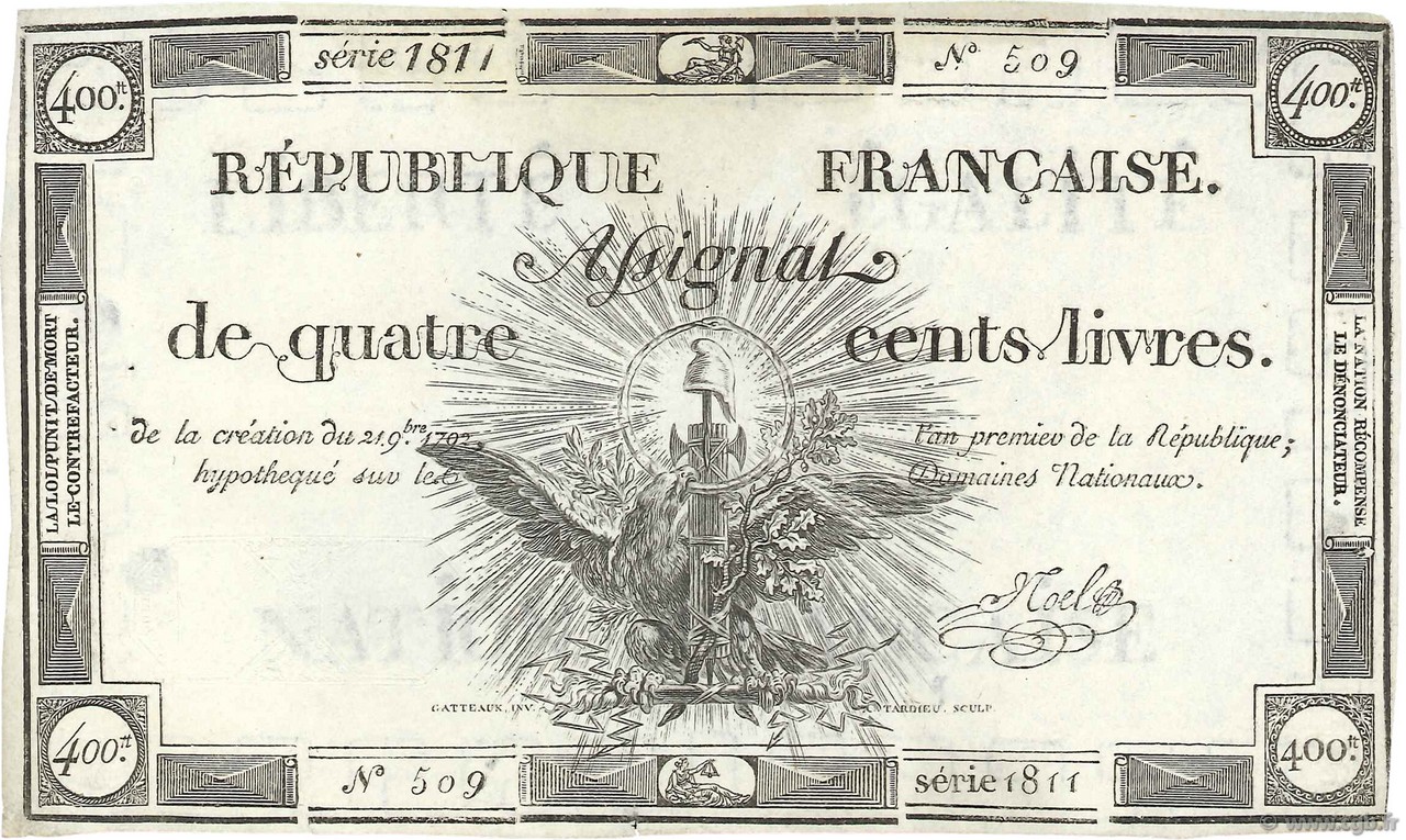 400 Livres FRANCE  1792 Ass.38a pr.SUP