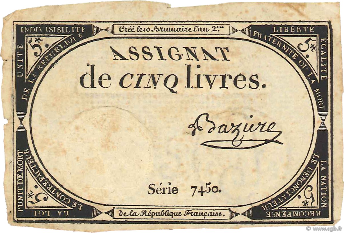 5 Livres FRANCE  1793 Ass.46a TB+