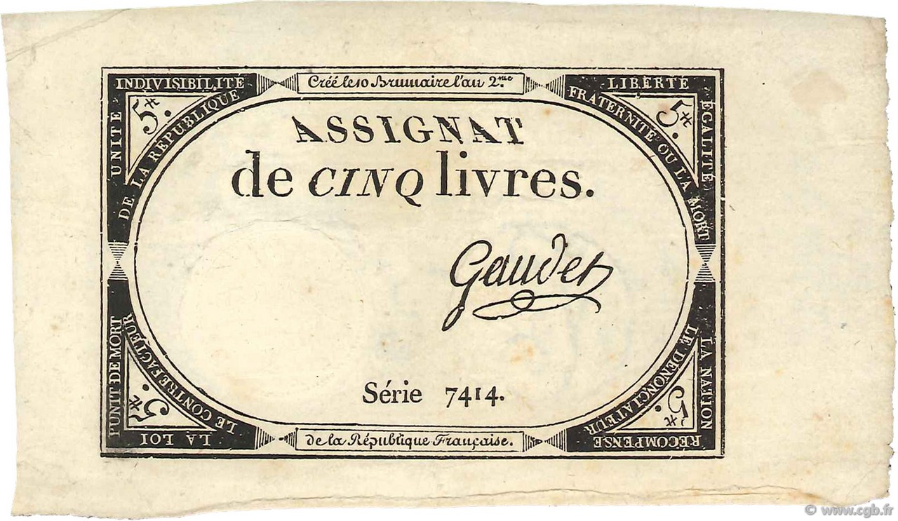 5 Livres FRANCE  1793 Ass.46a TTB à SUP