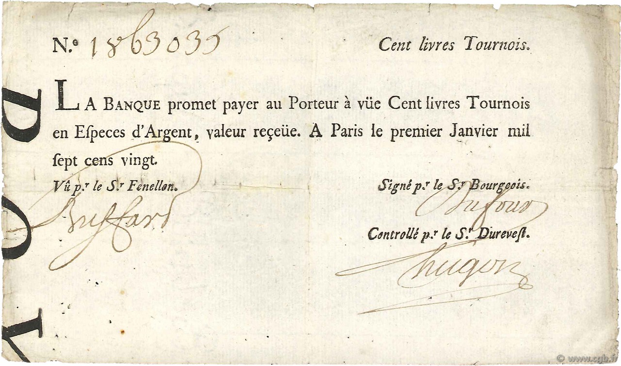 100 Livres Tournois typographié FRANCE  1720 Dor.26 TB à TTB