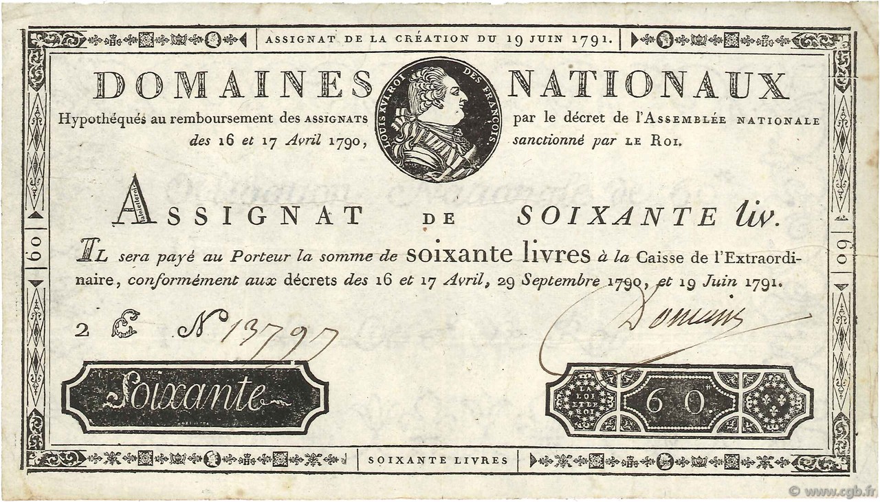 60 Livres FRANCE  1791 Ass.14a TTB