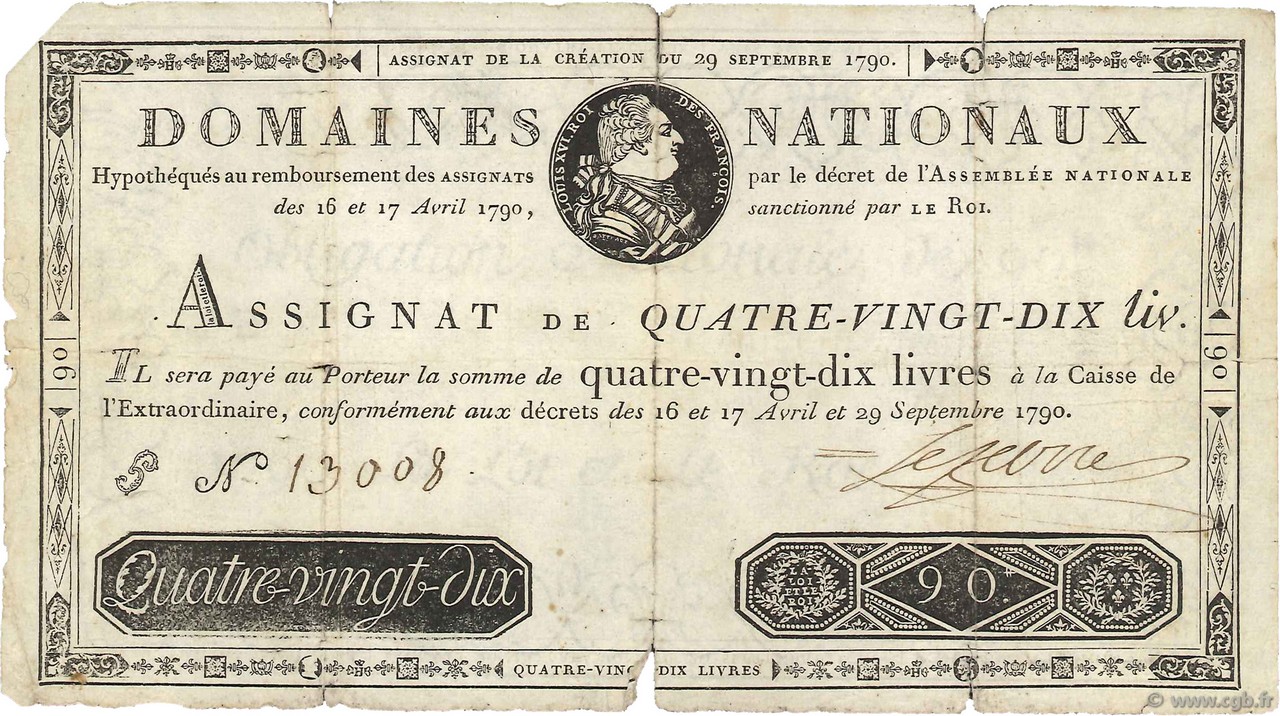 90 Livres FRANCE  1790 Ass.08a B+