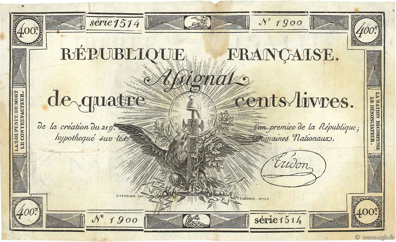 400 Livres FRANCE  1792 Ass.38a pr.TTB