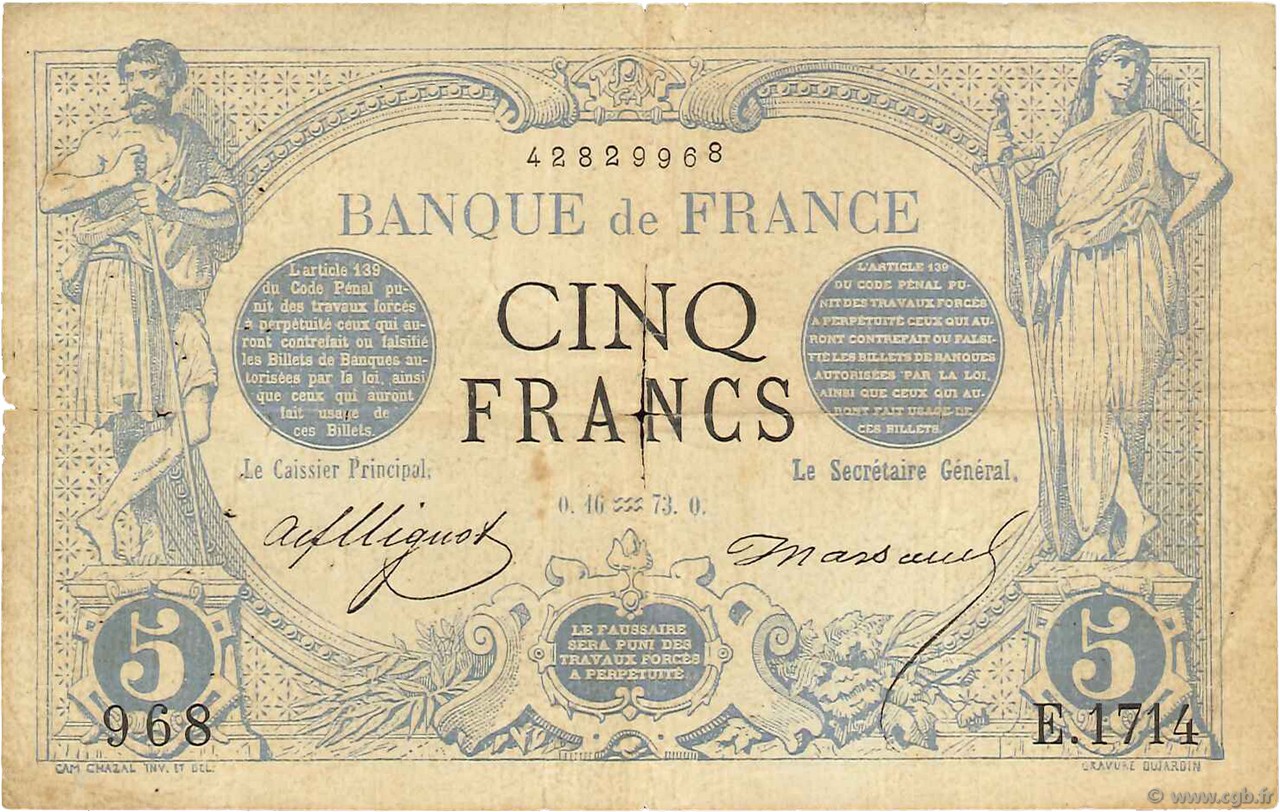 5 Francs NOIR FRANCE  1873 F.01.14 pr.TB