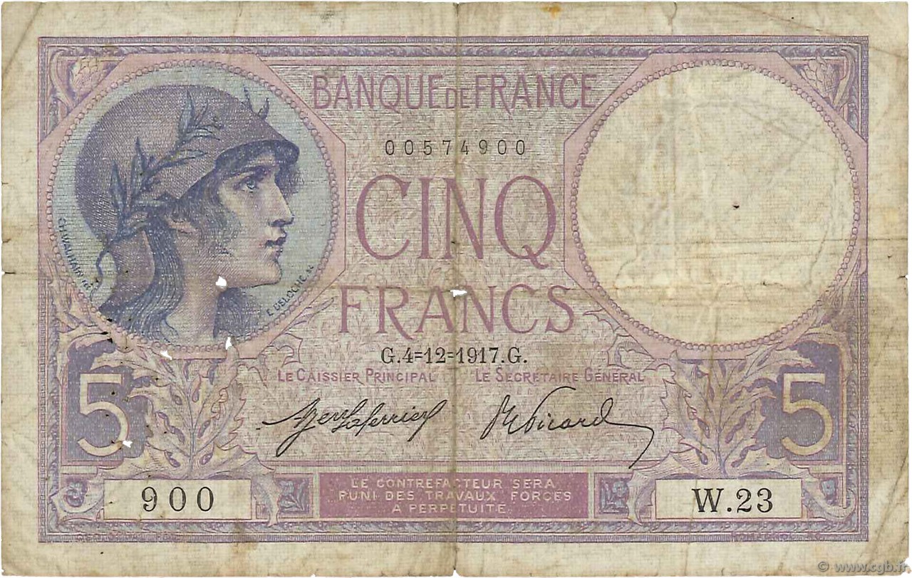 5 Francs FEMME CASQUÉE FRANCE  1917 F.03.01 B
