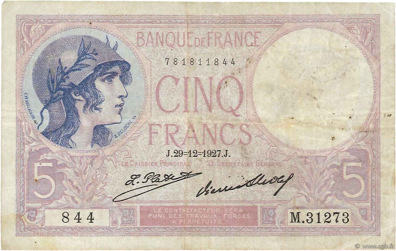5 Francs FEMME CASQUÉE FRANCE  1927 F.03.11 TB+