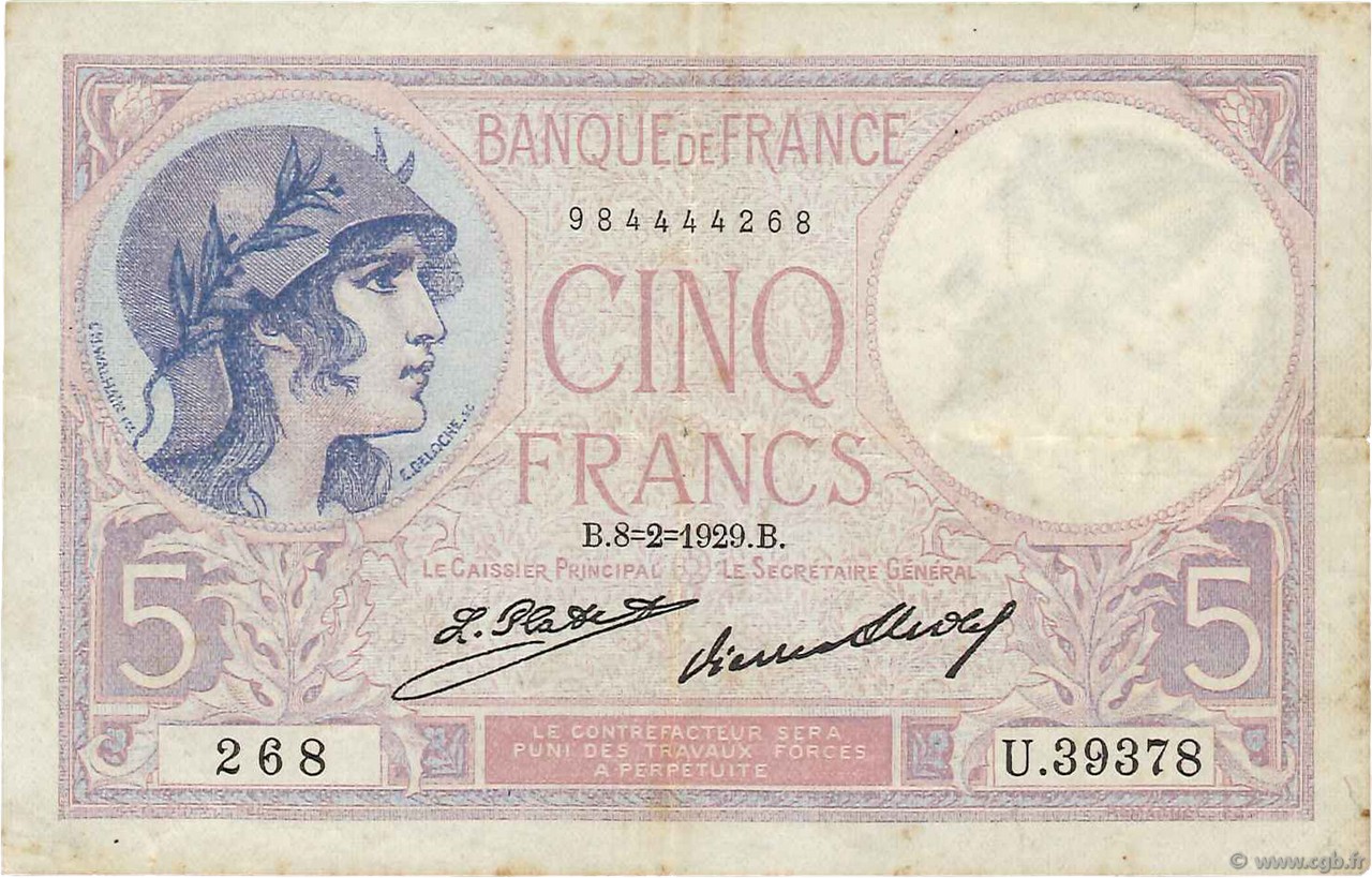 5 Francs FEMME CASQUÉE FRANCE  1929 F.03.13 pr.TTB