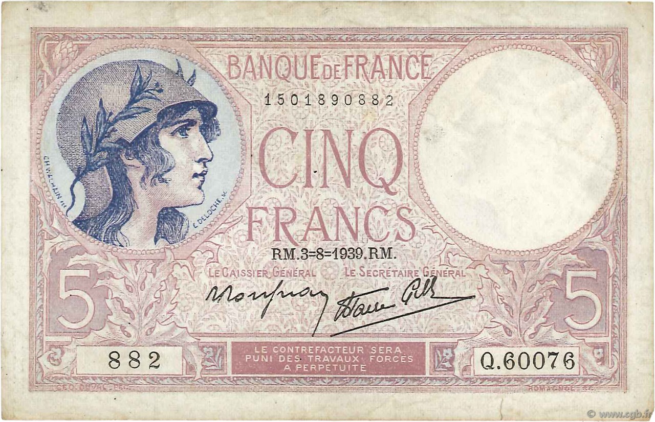 5 Francs FEMME CASQUÉE modifié FRANCE  1939 F.04.04 TB