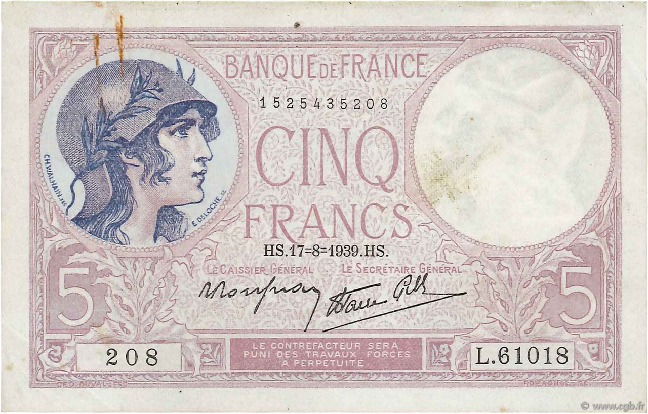 5 Francs FEMME CASQUÉE modifié FRANCE  1939 F.04.06 TTB
