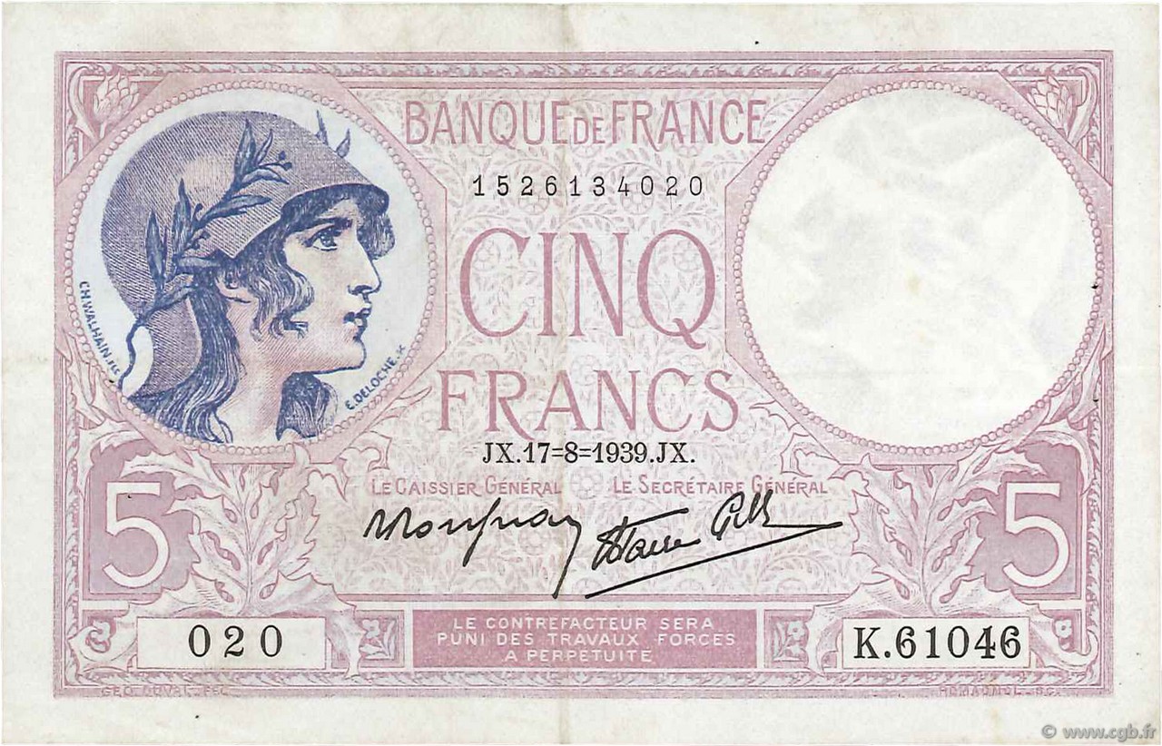 5 Francs FEMME CASQUÉE modifié FRANCIA  1939 F.04.06 MBC+