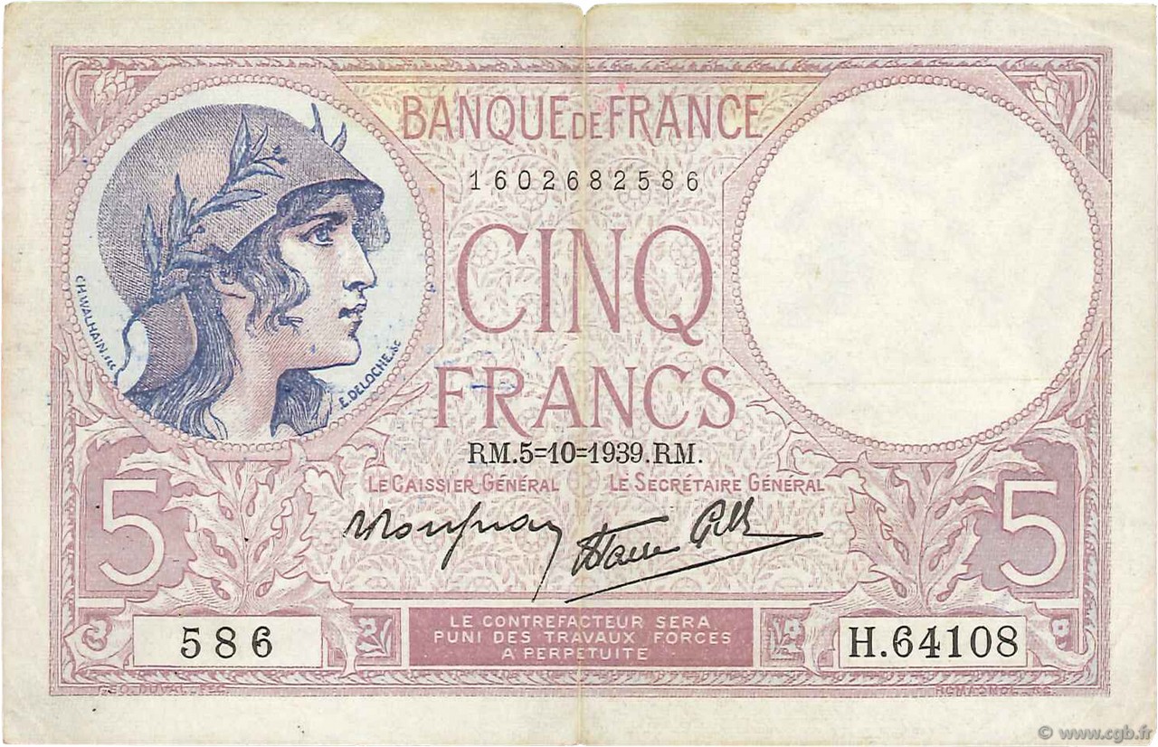 5 Francs FEMME CASQUÉE modifié FRANCE  1939 F.04.11 TB+
