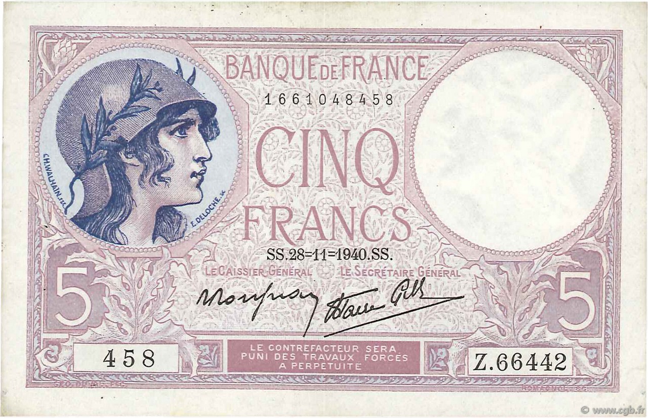 5 Francs FEMME CASQUÉE modifié FRANCE  1940 F.04.15 TTB+