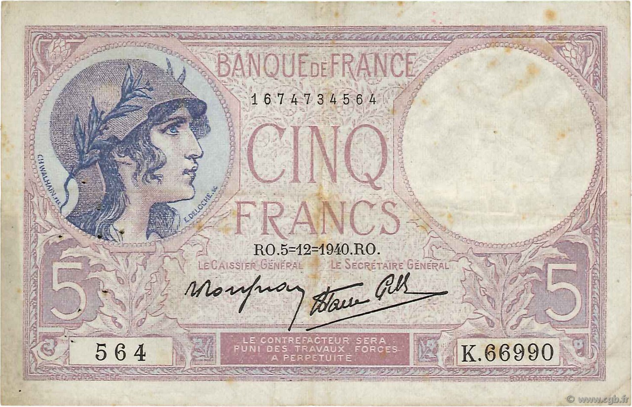 5 Francs FEMME CASQUÉE modifié FRANCE  1940 F.04.16 TB