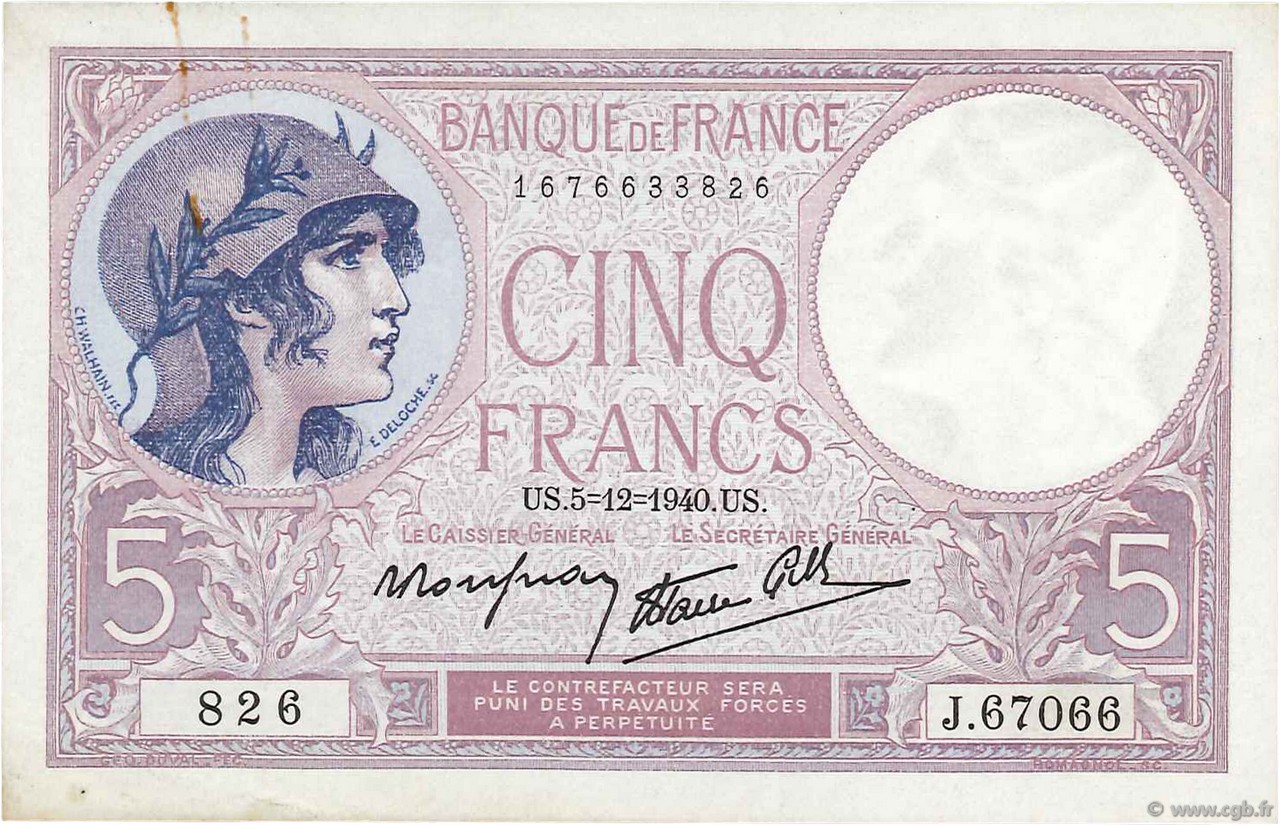 5 Francs FEMME CASQUÉE modifié FRANCE  1940 F.04.16 TTB+