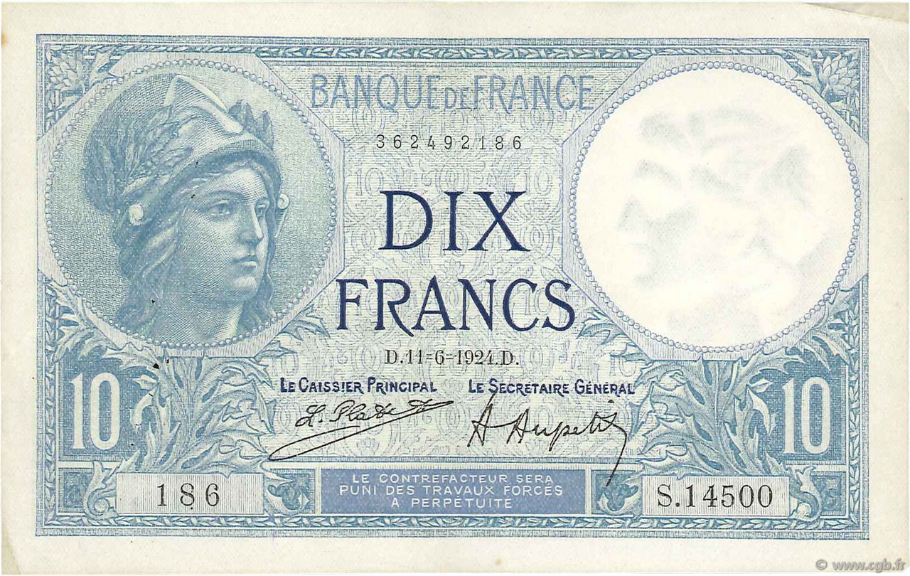 10 Francs MINERVE FRANCE  1924 F.06.08 TTB+