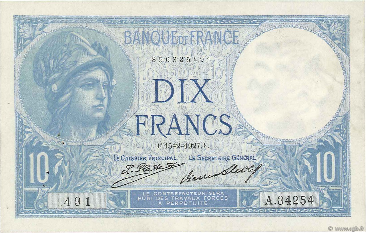 10 Francs MINERVE FRANCE  1927 F.06.12 TTB à SUP