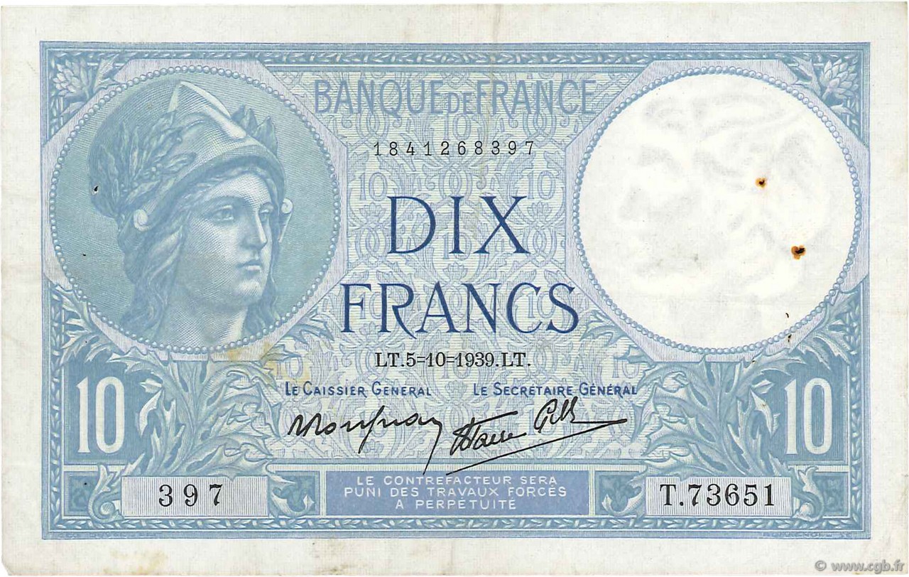 10 Francs MINERVE modifié FRANCE  1939 F.07.10 pr.TTB