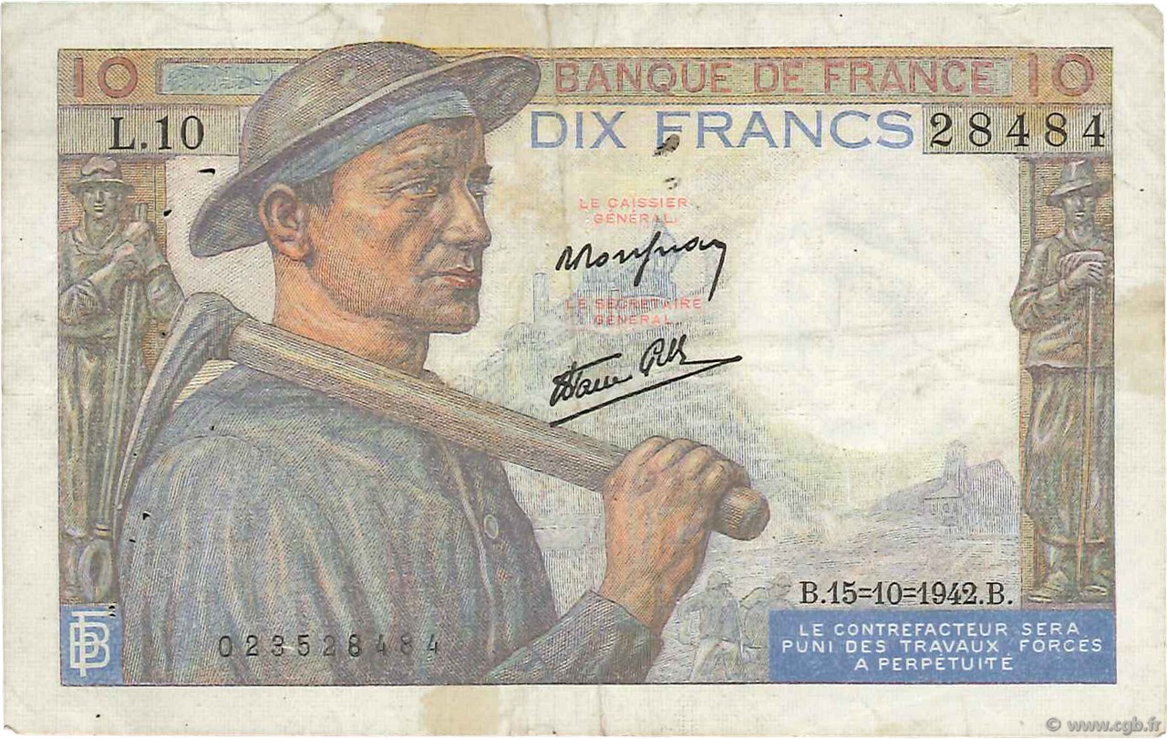 10 Francs MINEUR FRANCE  1942 F.08.04 TB