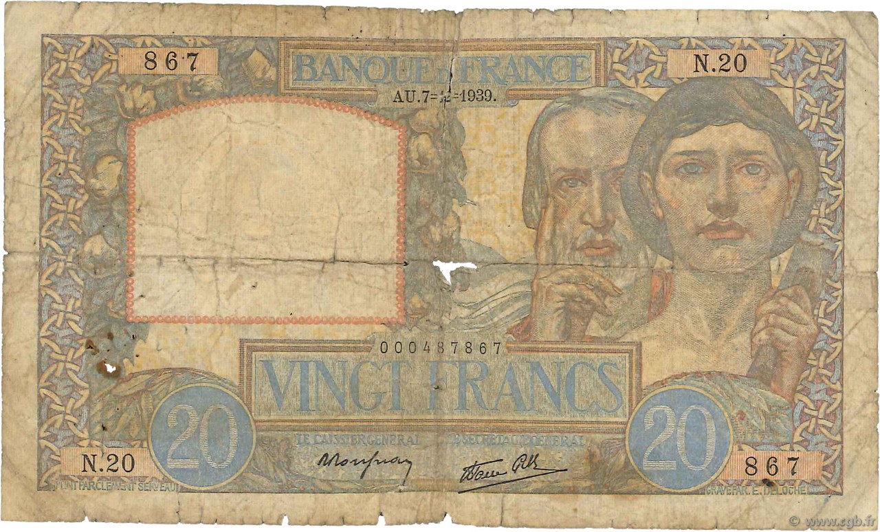 20 Francs TRAVAIL ET SCIENCE FRANCE  1939 F.12.01 AB