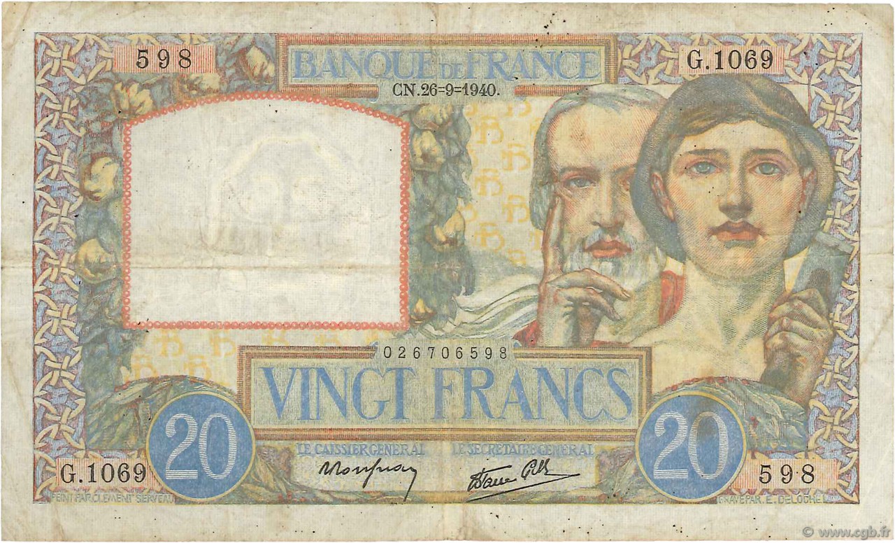 20 Francs TRAVAIL ET SCIENCE FRANCE  1940 F.12.07 TB