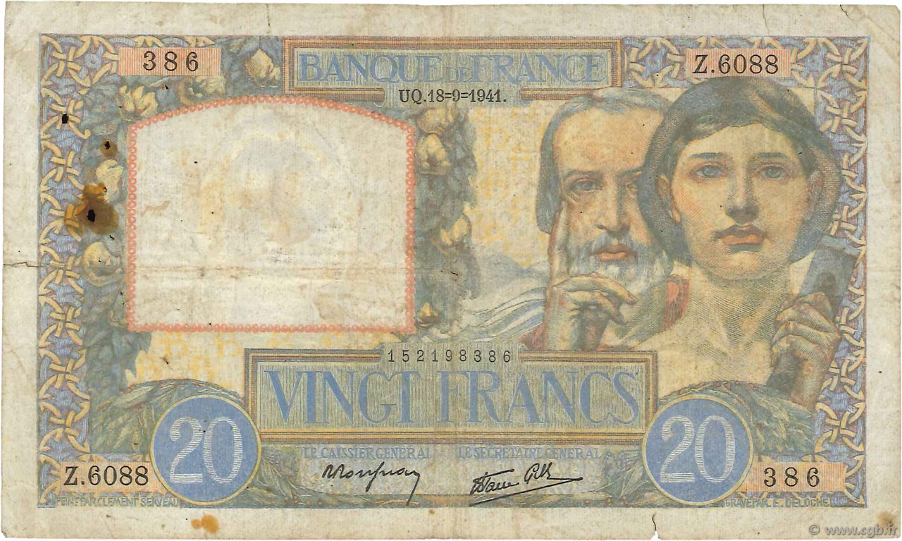 20 Francs TRAVAIL ET SCIENCE FRANCE  1941 F.12.18 B