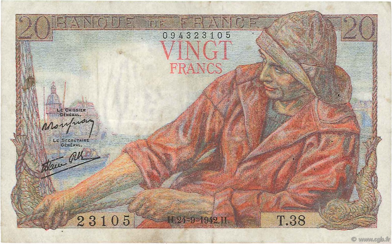 20 Francs PÊCHEUR FRANCE  1942 F.13.03 TTB