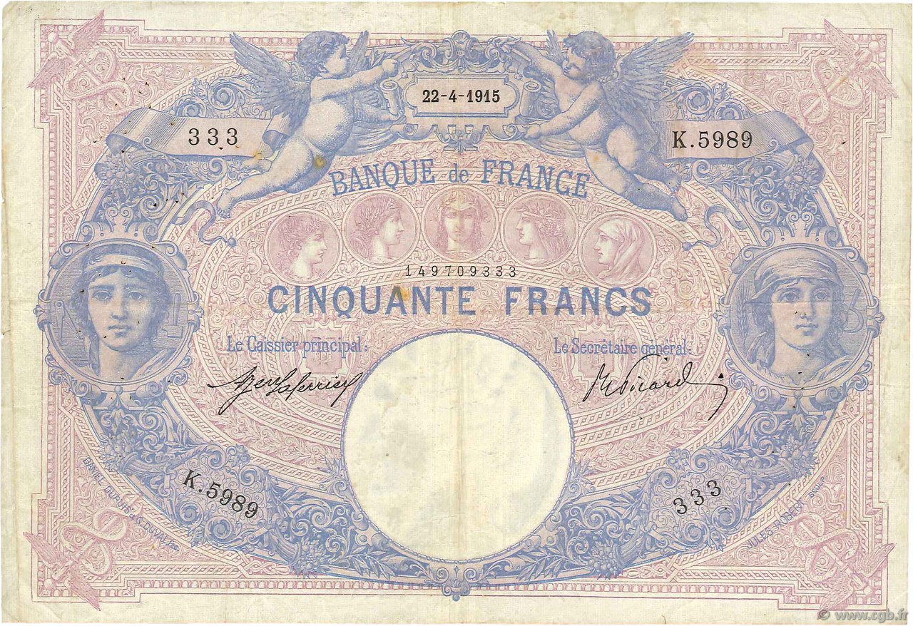 50 Francs BLEU ET ROSE Numéro spécial FRANCE  1915 F.14.28 TB