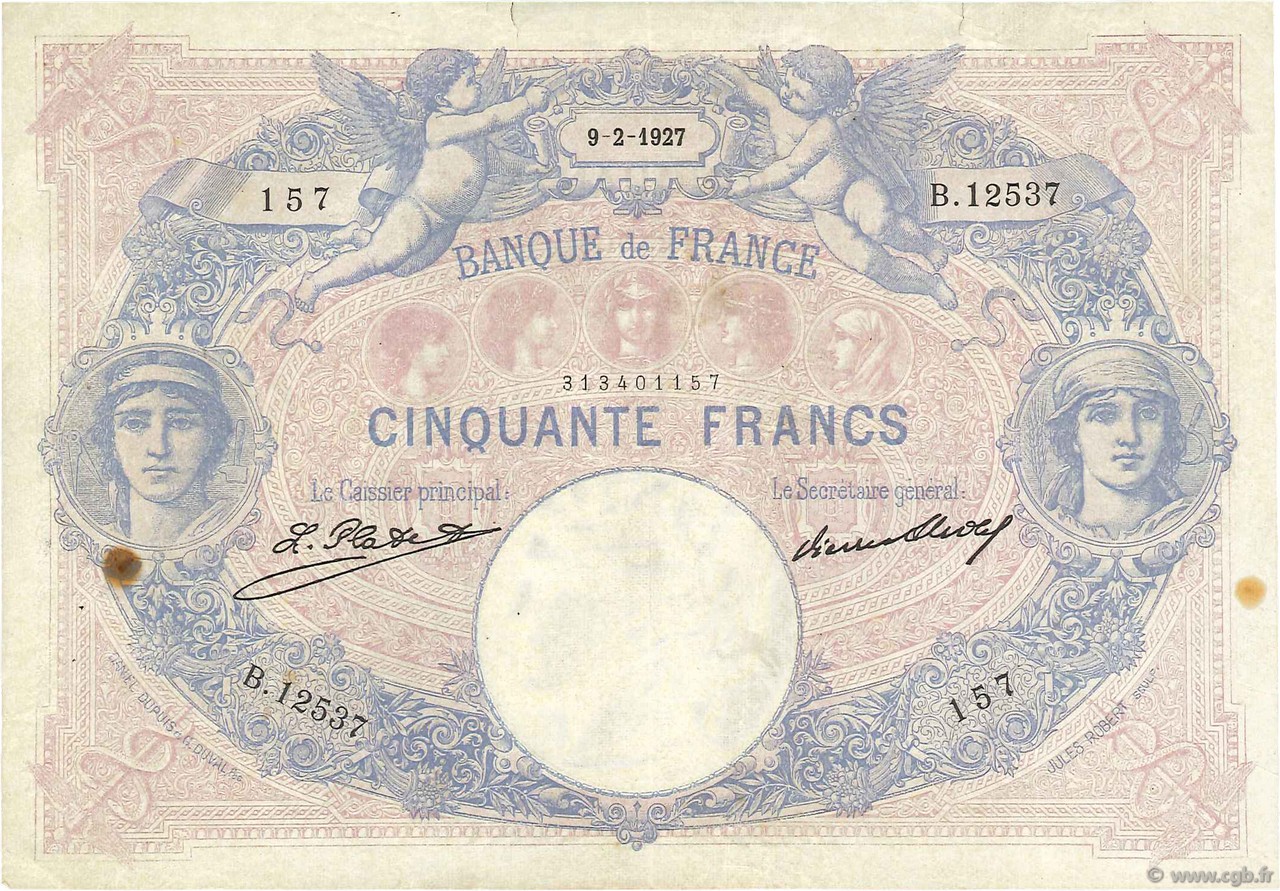 50 Francs BLEU ET ROSE FRANCE  1927 F.14.40 pr.TTB